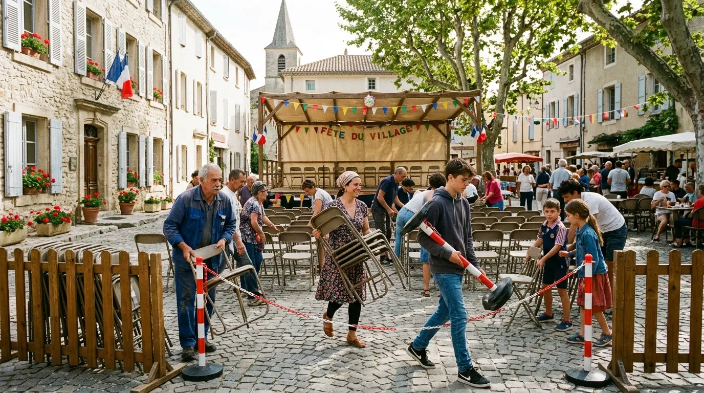 Local residents and volunteers collaborating during a village festival setup in Occitanie