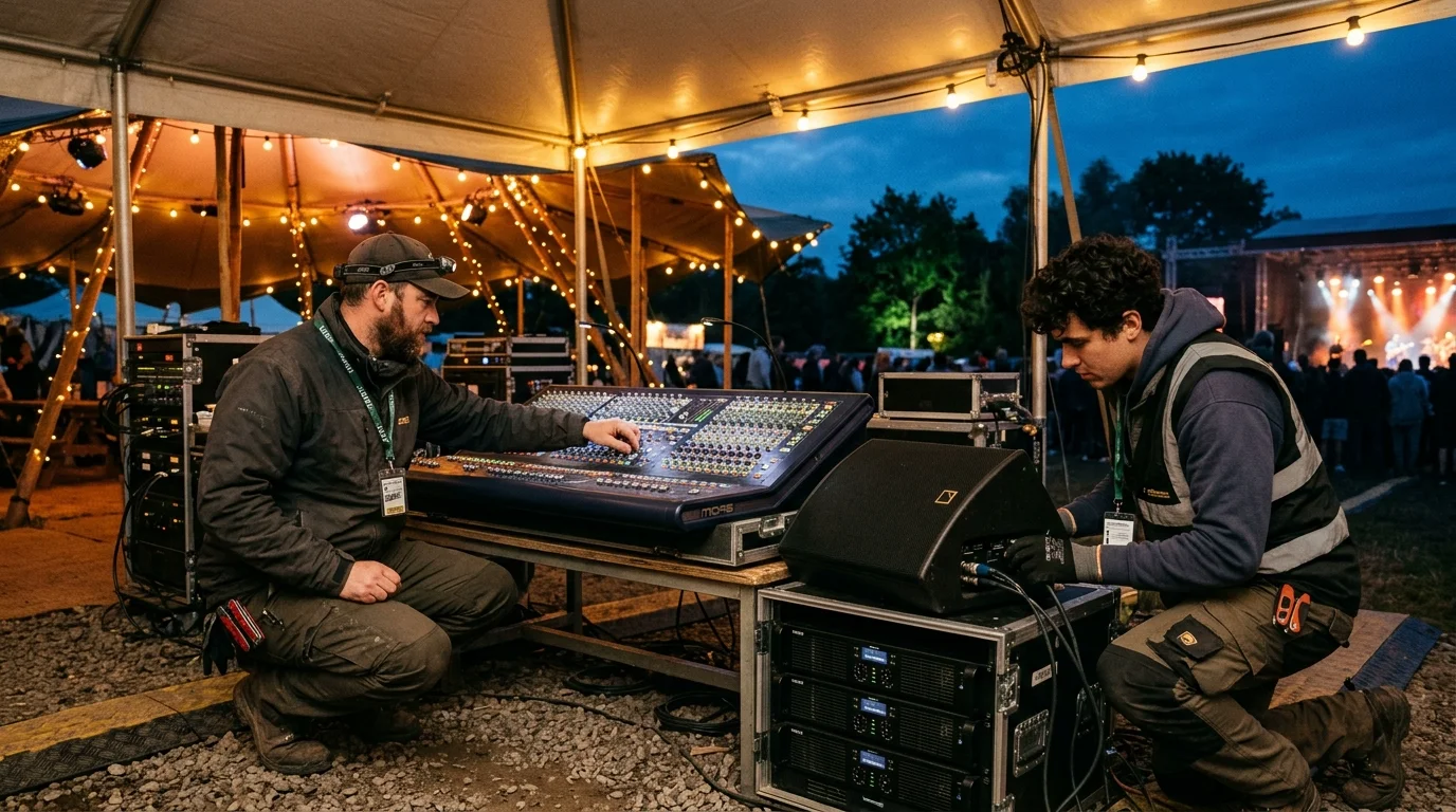 Volunteer technical team operating an acoustic sound desk under a marquee tent at dusk