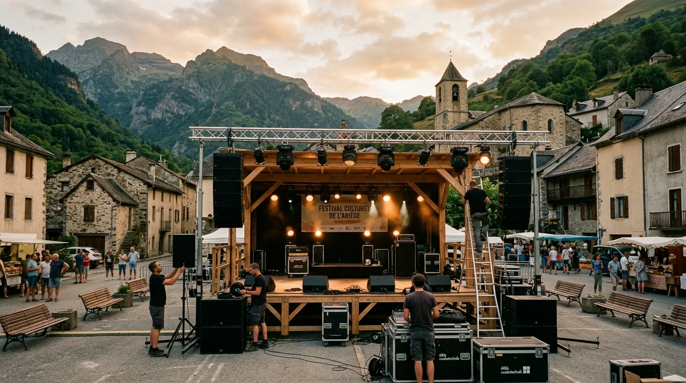 Outdoor community stage with professional audio-visual lighting setup in an Ariège village square