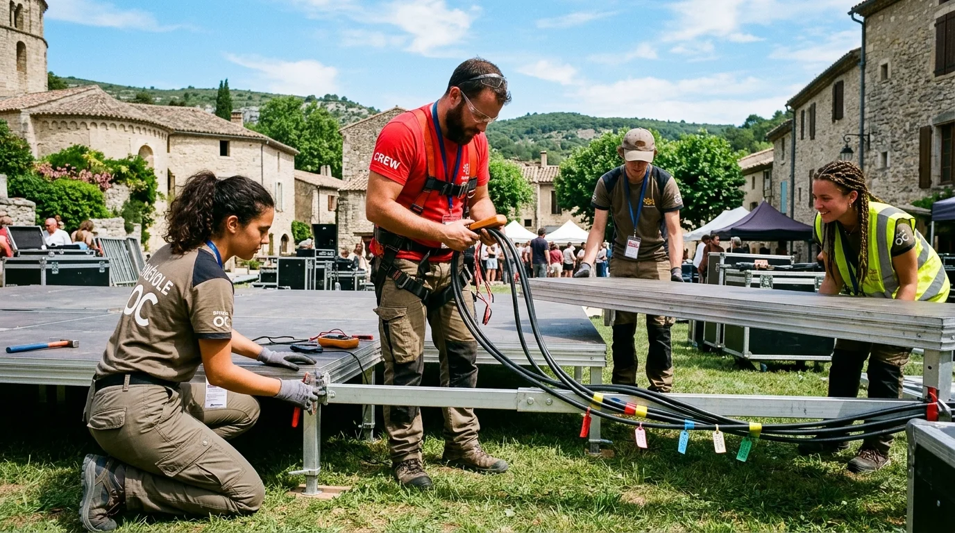 Volunteers assembling certified aluminum stage risers and checking cable protection bridges