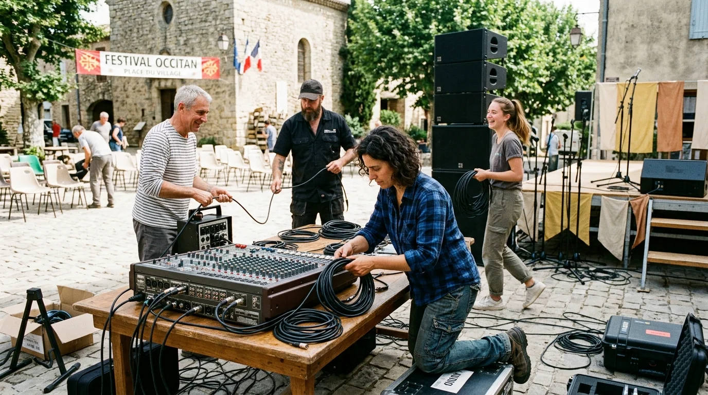 Technicians and volunteers testing sound equipment and cabling in Lacourt