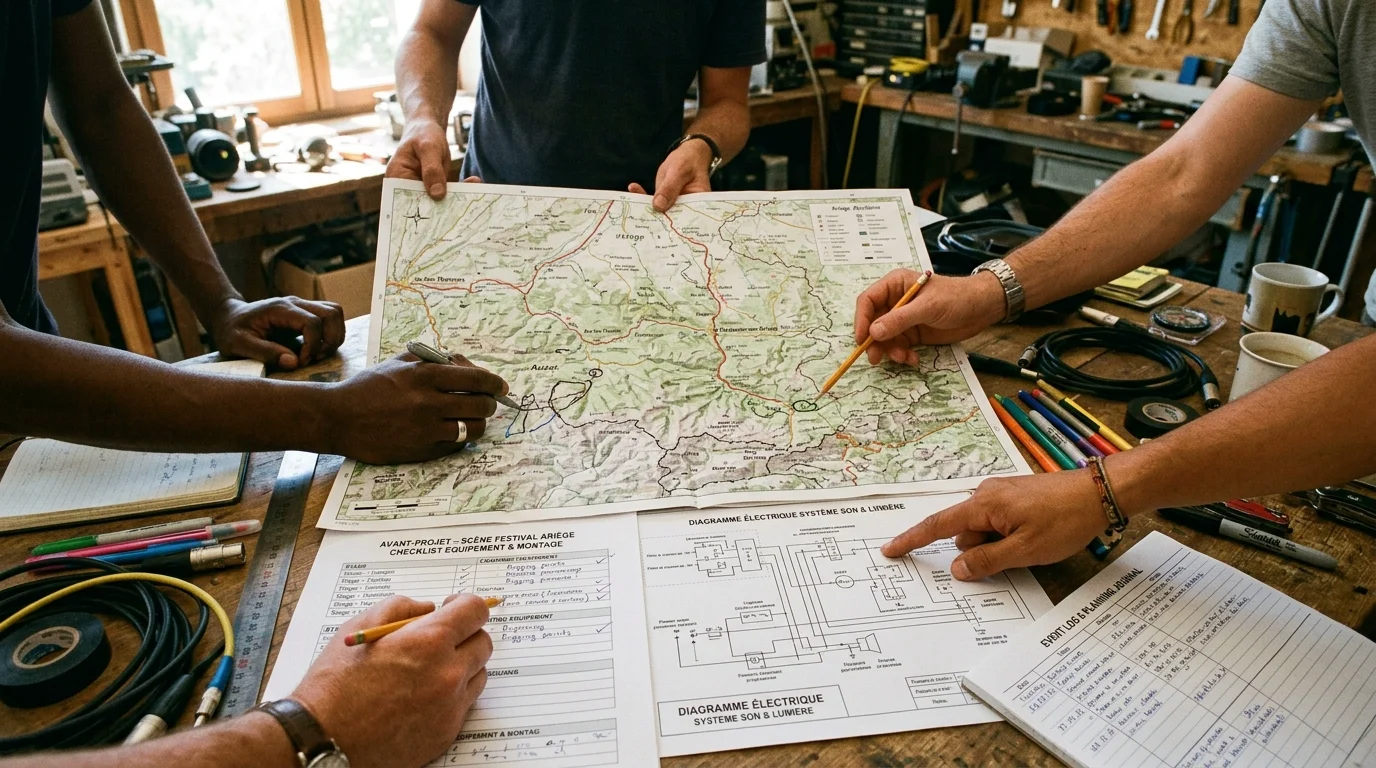 Collaborative hands reviewing territorial maps, safety checklists, and equipment logs in Lacourt