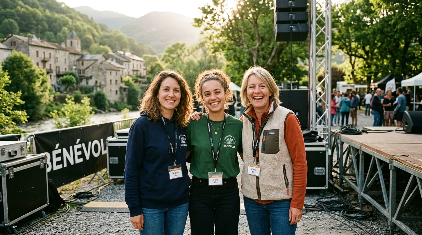 Volunteers standing proud in front of community event facilities in Ariège